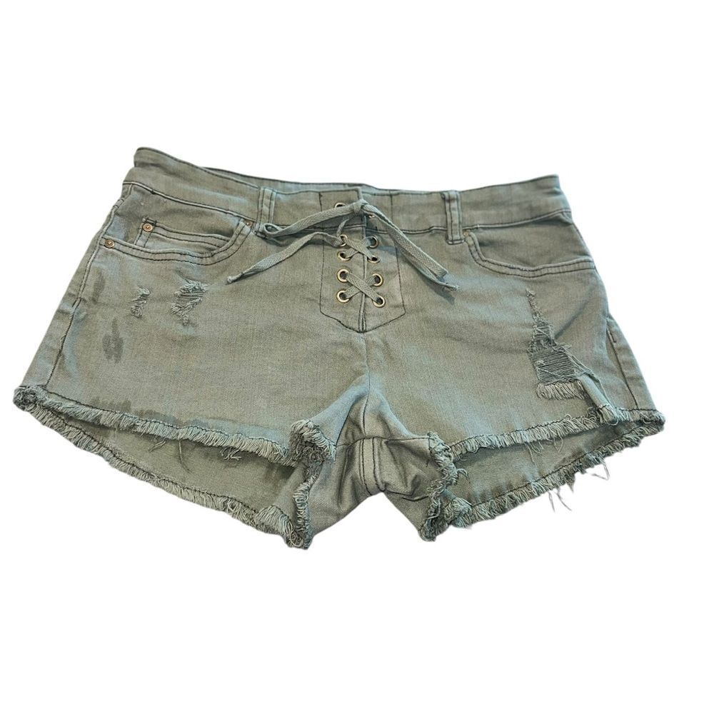 Billabong Lace Up Front Distressed Denim Shorts Green Frayed Hem Size 26